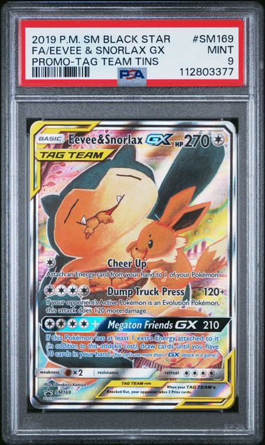 2019 POKEMON SM BLACK STAR PROMO #SM169 FA/EEVEE & SNORLAX GX PROMO-TAG TEAM TINS PSA 9