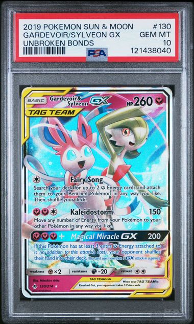 2019 POKEMON SUN & MOON UNBROKEN BONDS 130 GARDEVOIR & SYLVEON GX PSA 10