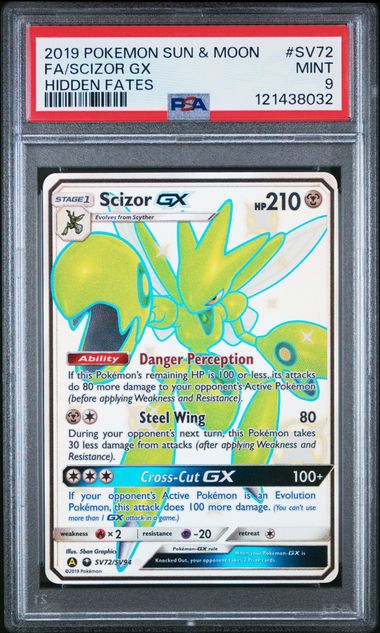 2019 POKEMON SUN & MOON HIDDEN FATES SV72 FULL ART/SCIZOR GX PSA 9