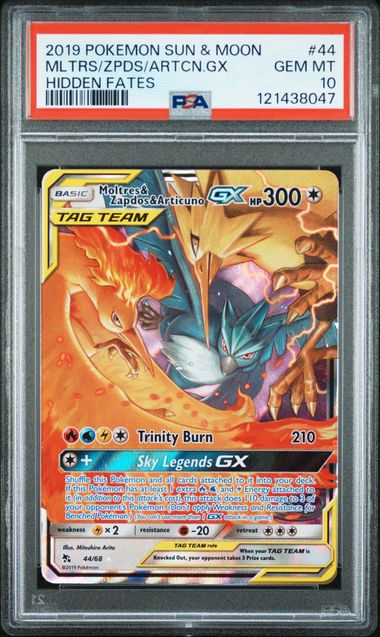 2019 POKEMON SUN & MOON HIDDEN FATES 44 MOLTRES & ZAPDOS & ARTICUNO GX PSA 10