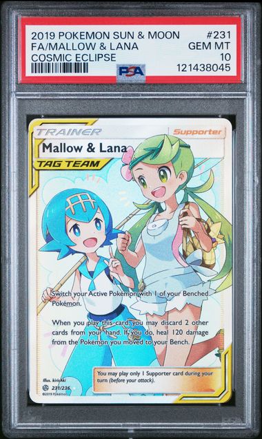 2019 POKEMON SUN & MOON COSMIC ECLIPSE 231 FULL ART/MALLOW & LANA PSA 10