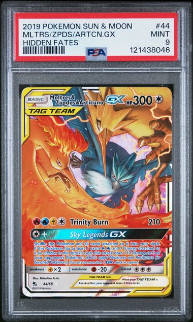 2019 POKEMON SUN & MOON HIDDEN FATES 44 MOLTRES & ZAPDOS & ARTICUNO GX PSA 9