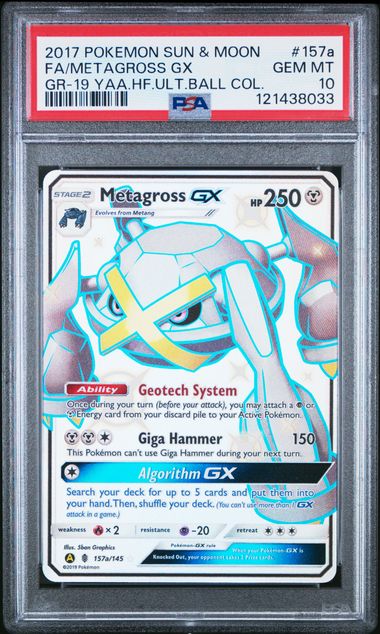 2017 POKEMON SUN & MOON GUARDIANS RISING 157a FULL ART/METAGROSS GX 2019 YELLOW A ALTERNATE ART HIDDEN FATES ULTRA BALL COLLECTION PSA 10