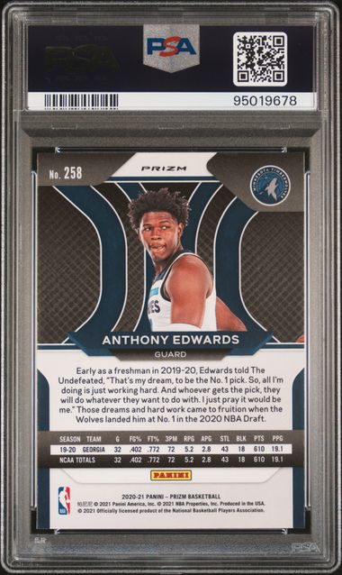 2020 PANINI PRIZM #258 ANTHONY EDWARDS PINK ICE PSA 10