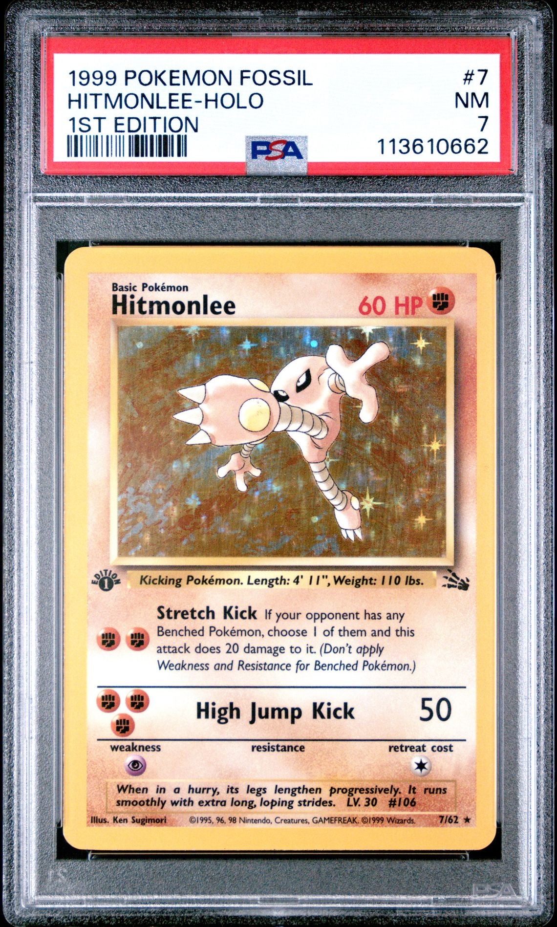 1999 POKEMON FOSSIL 7 HITMONLEE-HOLO 1ST EDITION PSA 7