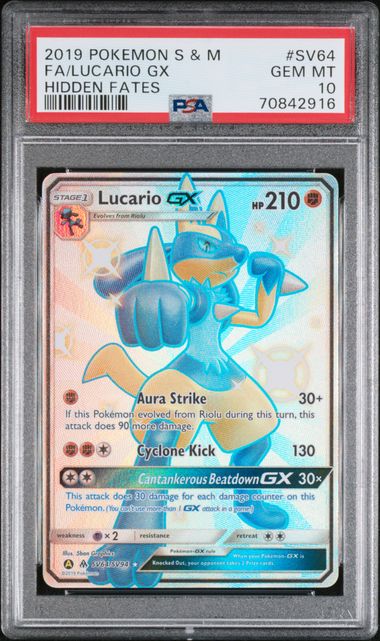 2019 POKEMON SUN & MOON HIDDEN FATES #SV64 FA/LUCARIO GX HIDDEN FATES PSA 10