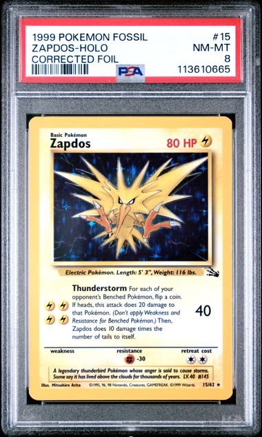 1999 POKEMON FOSSIL 15 ZAPDOS-HOLO CORRECTED FOIL PSA 8