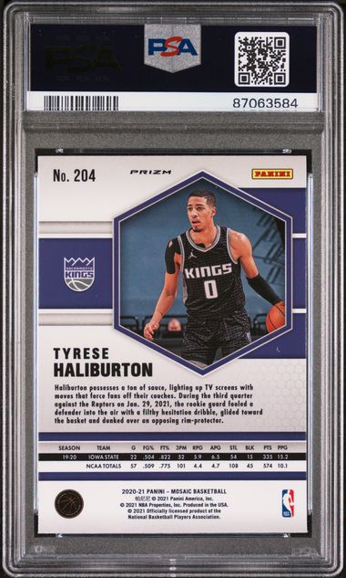 2020 PANINI MOSAIC #204 TYRESE HALIBURTON REACTIVE BLUE PSA 10