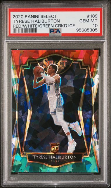 2020 PANINI SELECT #189 TYRESE HALIBURTON RED/WHITE/GREEN CRKD.ICE PSA 10